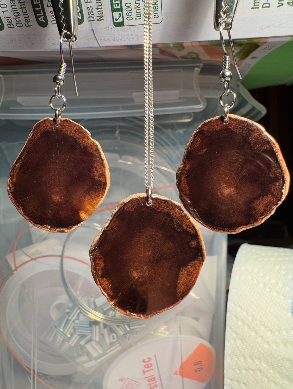 Petrified wood earrings and pendants