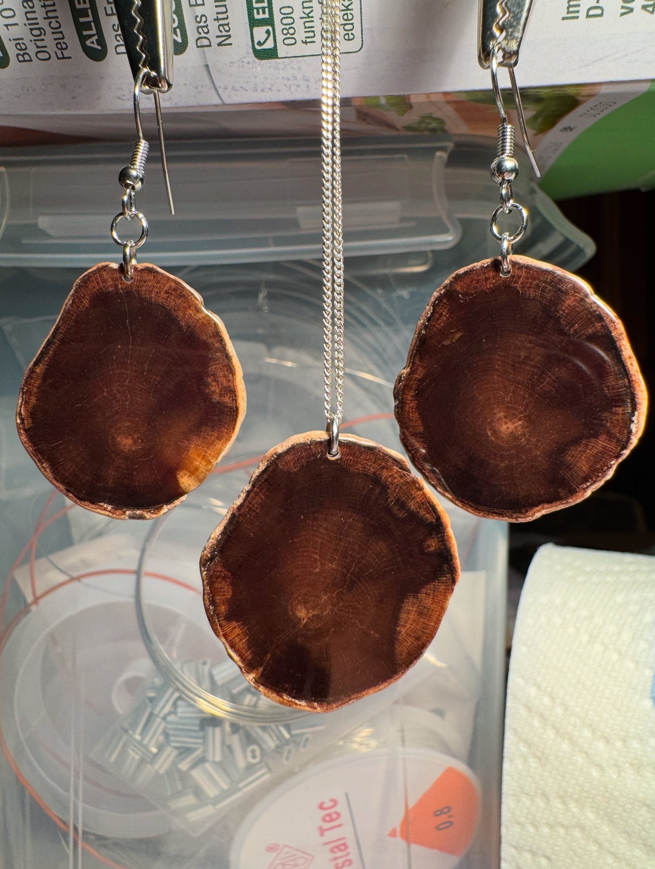 Petrified wood earrings and pendants